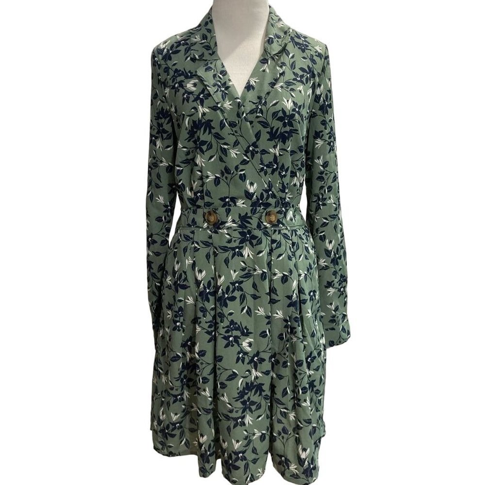 Vero Moda Womens Viola Faux Wrap Dress Green Floral Pleated Long Sleeve S New